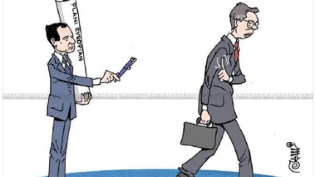 Takimi në Ohër përmbyllet me një KARIKATURË- Kurti i ofron lapsin, Vuçiç largohet… i tund dorën